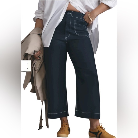 Anthropologie x Maeve The Colette Contrast-Stitch Linen Crop Wide-Leg Pants - Picture 2 of 9